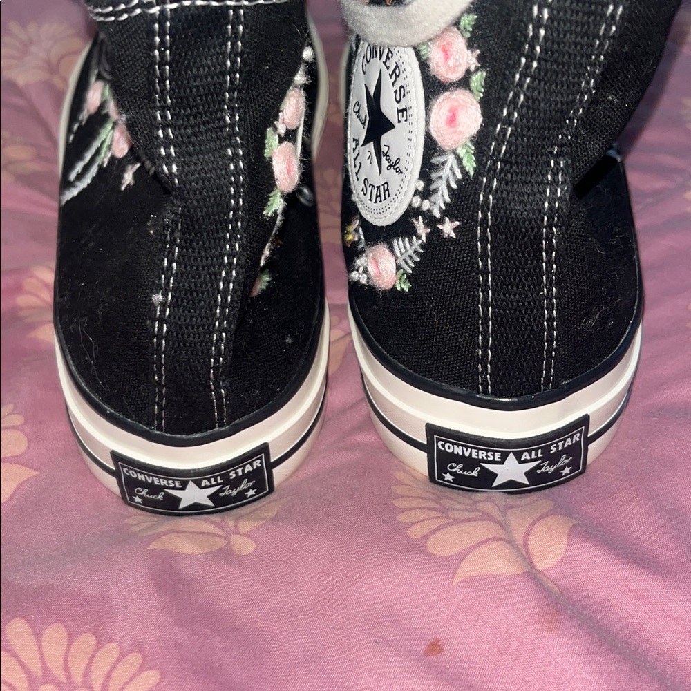 Converse Black High-Top Sneakers with Pink Floral Embroidery - Picture 4 of 6